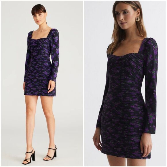 Amur Giulia Pleated Mini Dress Long Sleeve Black Purple Floral Size 6 - Picture 5 of 16